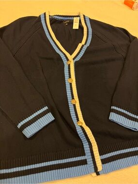 Classic Navy V‑Neck Cardigan with Blue & white Trim - Talbots